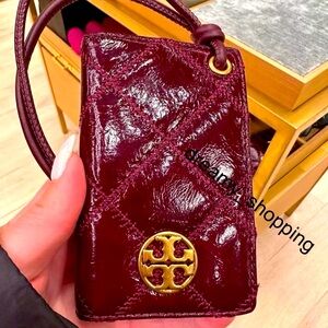 NWT Tory Burch Willa Shine Lanyard ID Credit Card Burgundy Leather Brass Gold